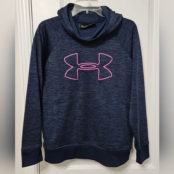 Under Armour Hoodie Women's Large Blue Loose Coldgear Pullover Pink Embroidered - Picture 1 of 6